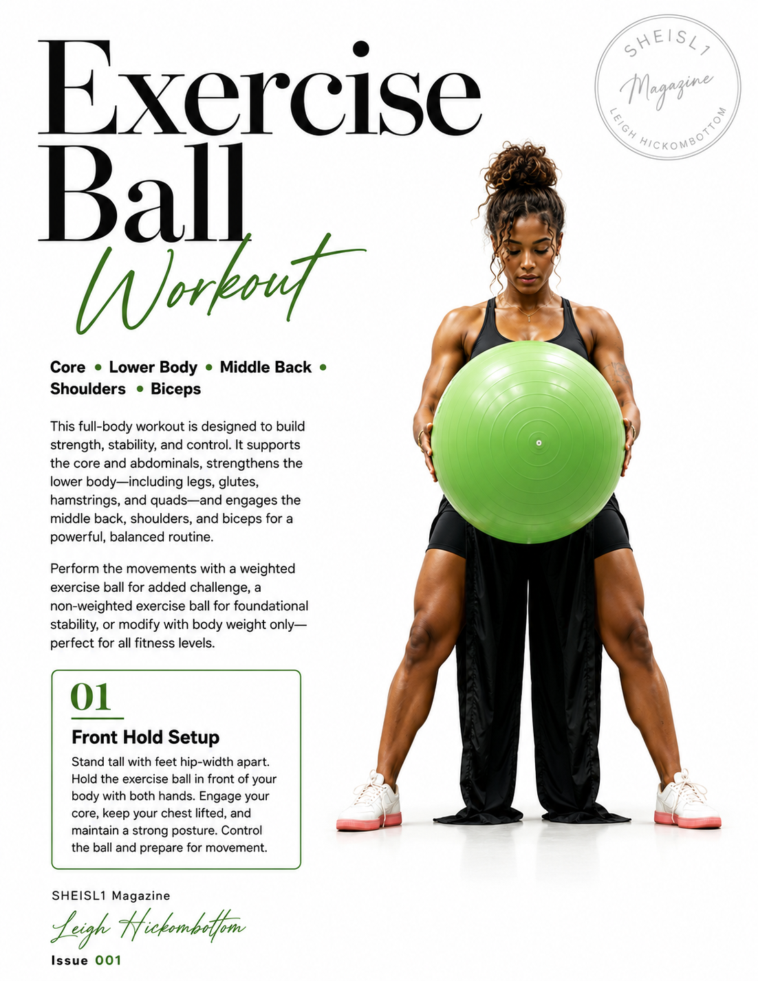 Exercise Ball Workout page 1 with matching chai-tea-toned female fitness model